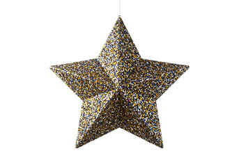 Obraz premium A glittering gold star ornament hangs against a stark black background, showcasing its multi-colored shimmer.