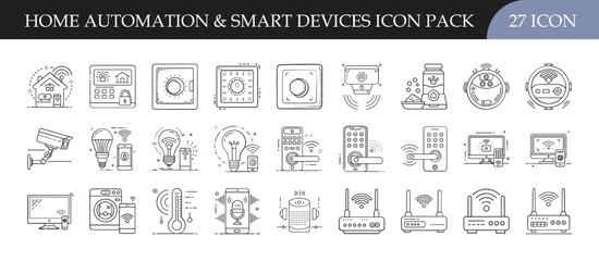 Smart Home Automation and Device Icons Set - Collection of 27 modern line icons featuring smart home technology, automation, security, connected devices, energy management, and digital lifestyle tools