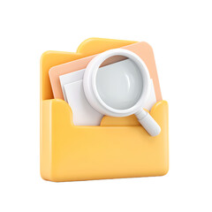 A magnifying glass icon hovering over a yellow digital file folder symbolizing the process of searching discovering and analyzing data and information stored within