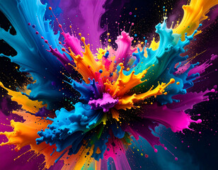 Paint splatter explosion in vivid hues. Dynamic paint burst with colorful energy. Vibrant paint explosion in fluid motion. Colorful abstract paint splash. Abstract burst of colors in dynamic flow