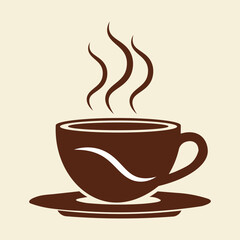 A brown cup of hot coffee with steam rising from it, placed on a saucer, against a light beige background