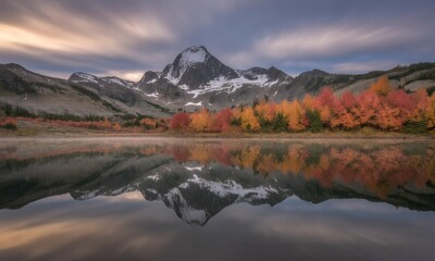 Obraz premium Mountain lake mirrored in calm water, autumn foliage