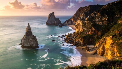 Dramatic coastal scenery at sunrise, with dramatic rock formations rising from the turquoise ocean, cascading waves, and golden-hued cliffs.