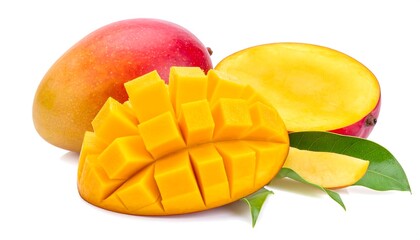 Fresh mango segments and whole mango on white