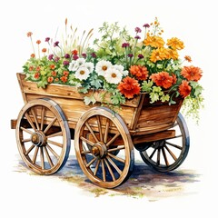 Wooden garden cart with plants, painted with watercolors, rustic illustration.