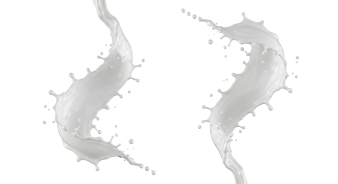 Two dynamic splashes of opaque white liquid, like milk or yogurt, frozen mid-air with elegant swirls and sparkling droplets, on a deep black background, concept for beverage advertising