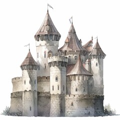 Whimsical watercolor illustration of an ancient stone castle with spires, on a white background