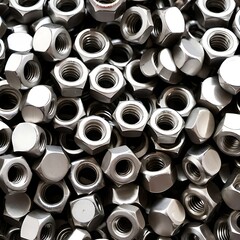 A close-up view of a large pile of stainless steel hex nuts.