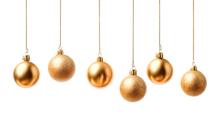 Six golden oval shaped christmas ornaments hanging by thin black strings isolated on transparent background