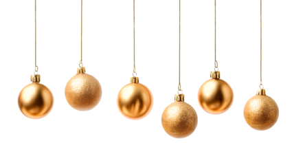 Six golden oval shaped christmas ornaments hanging by thin black strings isolated on transparent background