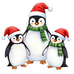 Fototapeta premium Christmas penguin family watercolor cute winter holiday animals illustration