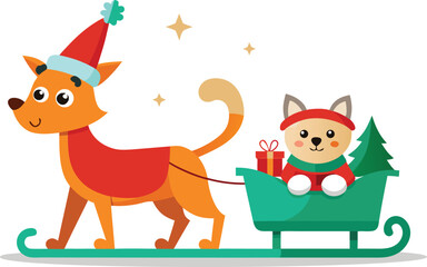 Cute cartoon fox pulling a sleigh with a dog and gifts