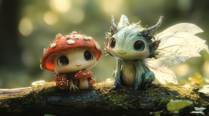 Two fae creatures chilling lovingly on a mossy log. One is thin and short, the other tall and medium-build. The short one is a mushroom fae. The tall one is a sylph, a fae of the air. The two are mutu