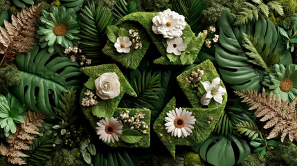 Recycling symbol made of white arrows embedded in lush green leaves and flowers. Generative AI