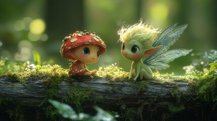 Two fae creatures chilling lovingly on a mossy log. One is thin and short, the other tall and medium-build. The short one is a mushroom fae. The tall one is a sylph, a fae of the air. The two are mutu