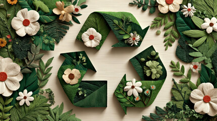 Recycling symbol made of white arrows embedded in lush green leaves and flowers. Generative AI