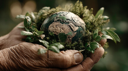 Human hands hold a detailed globe, surrounded by lush green leaves. Generative AI