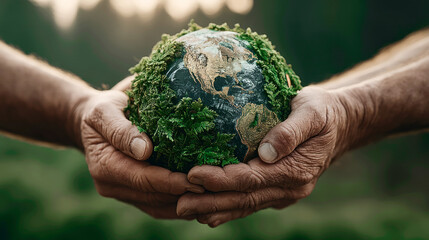 Two Human hands hold a detailed globe, surrounded by lush green leaves. Generative AI