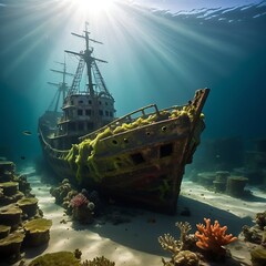 A shipwreck resting on the ocean floor.