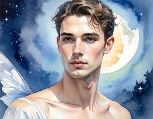 A celestial portrait of a young man, ethereal and delicate, with a moonlit backdrop and delicate wings.