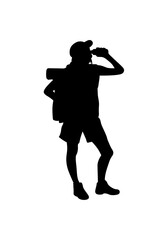 A bold, black silhouette of a person hiking, equipped with a backpack and binoculars, against a plain white background.