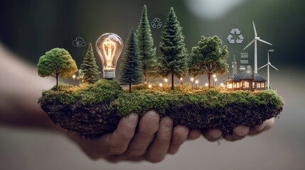 A futuristic concept of sustainable energy and environmental technology, glowing light bulbs sprouting from plants. Generative AI