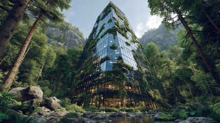 A glass skyscraper reflects a lush, green forest, with trees and vegetation visible on its surface. Generative AI
