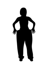 A bold, black silhouette of a woman with hands on her oversized pants, suggesting weight loss or a healthy lifestyle change.