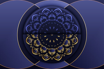 Decorative blue circular mandalas with golden ornate flower details spiritual background