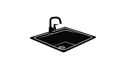 A minimalist black and white illustration depicting a kitchen sink with faucet