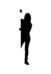 Silhouette of a girl leaning against a wall, conveying contemplation.