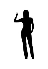 A bold silhouette of a woman standing and pointing, likely in a presentation or demonstration setting.