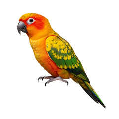 Fototapeta premium Vibrant sun conure parrot perched against a black background