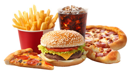Delicious fast food meal with burger fries and pizza isolated on transparent background