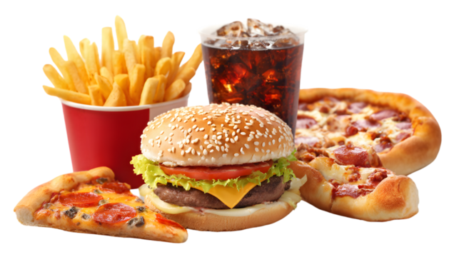 Delicious fast food meal with burger fries and pizza isolated on transparent background