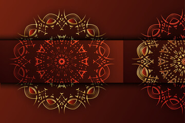 Ornate golden crown mandala with floral vine pattern on deep maroon decorative background