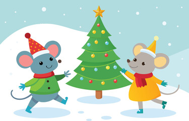 Two cute mice celebrate christmas by a decorated tree in the snow