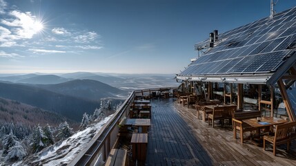 Obraz premium Solar Panel Building on Mountain Peak Overlooking Valley with Winter Forest and Blue Sky