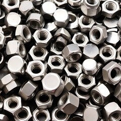 A close-up view of a large pile of stainless steel hex nuts.