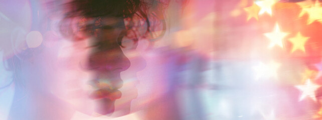 Double-Exposure Portrait with Pastel Light Leaks — Panoramic Banner, Copy Space for Headline