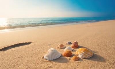 Seashells on a golden beach at sunrise.  Gentle waves lap at the shore.  A sunlit  beach scene