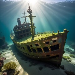 A shipwreck resting on the ocean floor.