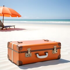 A serene beach scene on a sunny day. A vintage suitcase rests on the soft, white sand, with a bright orange umbrella planted on top of it.