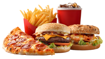 Delicious fast food meal with pizza burger fries and soda isolated on transparent background
