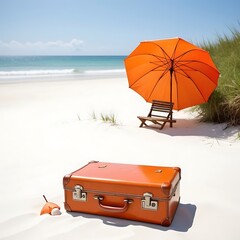 A serene beach scene on a sunny day. A vintage suitcase rests on the soft, white sand, with a bright orange umbrella planted on top of it.