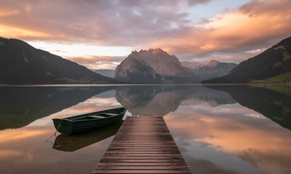 Serene mountain lake at dawn.  Calm water reflects a vibrant sunrise over a mountain range. A small, dark green rowboat rests on a wooden pier extending into the tranquil lake