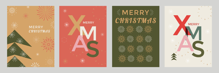 Merry Christmas celebration poster set. Text, tree, firework. Vector illustration