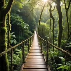 A wooden suspension bridge winding through a lush, green rainforest.