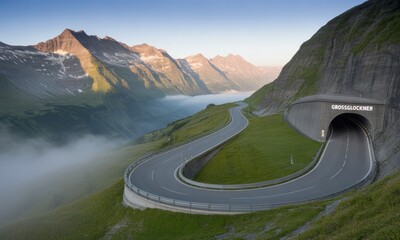 Serpentine mountain road winding through a valley, with a tunnel entrance