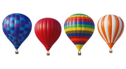 Four colorful hot air balloons with wicker baskets and ropes, isolated on a transparent seamless background with soft shadows, air travel and adventure concept